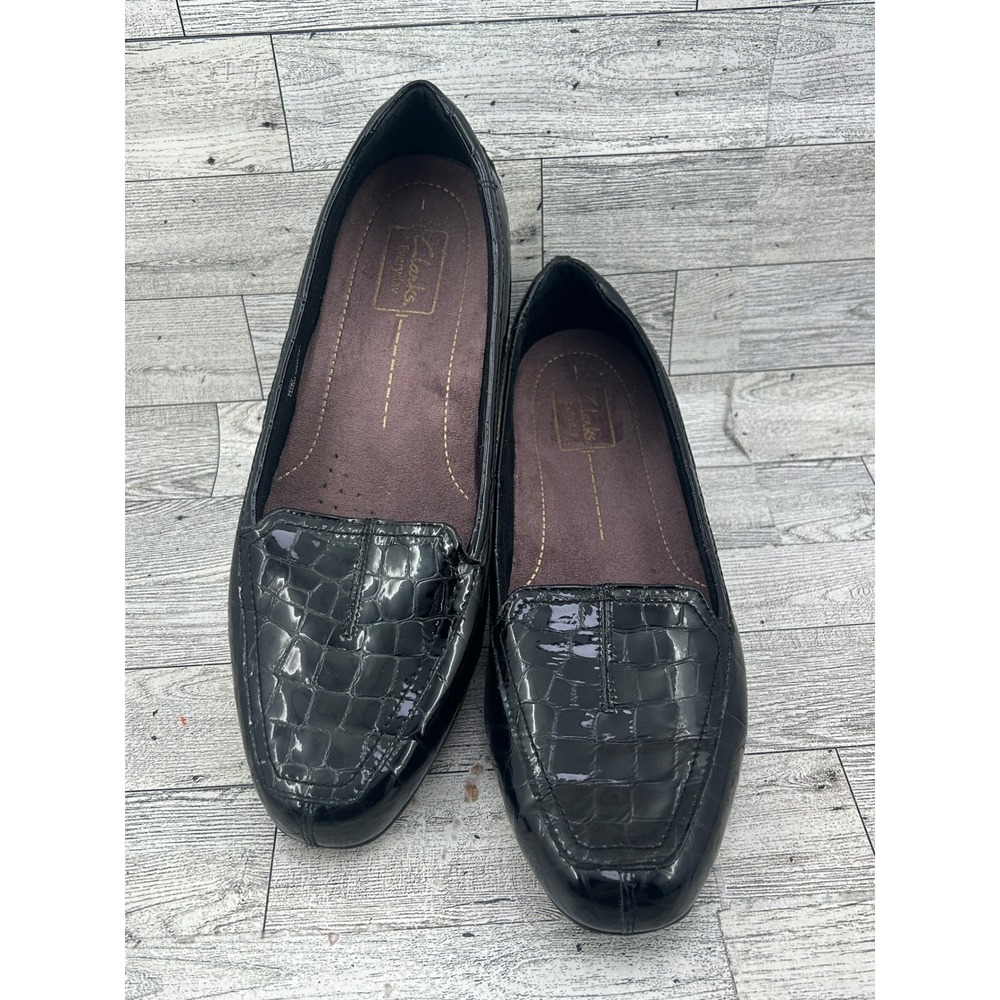 Clarks Everyday Black Patent Croco Embossed‎ Leather Loafers Women Sz 9.5W